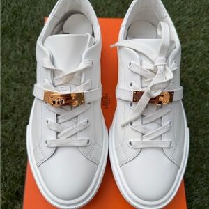 HERMES KELLY BUCKLE DAY WHITE BLANC LEATHER WITH ROSE GOLD HW  SNEAKERS 38